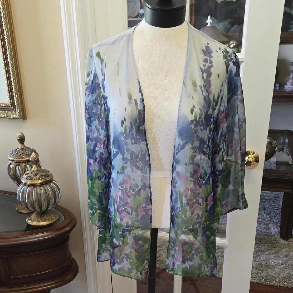 Alex Evenings Sheer Blue Purple Floral Jacket 3/4 Sleeves WIth Slits Size XL EUC